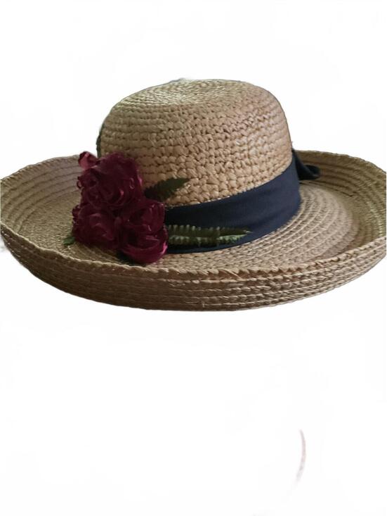 Peter Grimm Straw Wide-Brim Sun Hat with Navy Ribbon and Burgundy Floral Accent main image 7